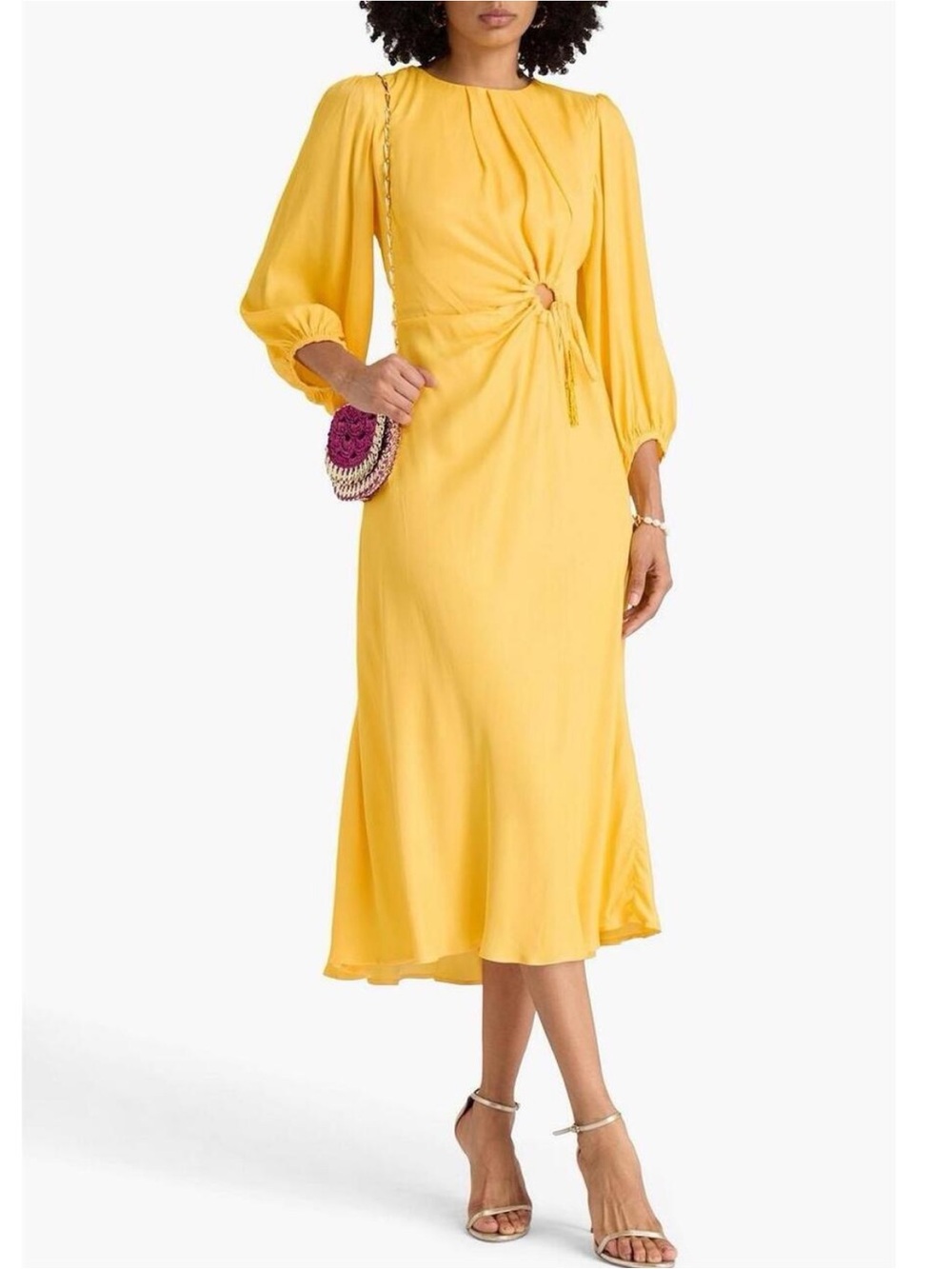 FARM Rio Sunny Yellow Midi Dress with Front Cutout and Tie Detail, S